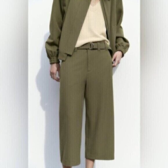 NWT Zara Green Wide Leg Culotte Pants Size Medium High Rise Cropped Belted - Picture 9 of 9